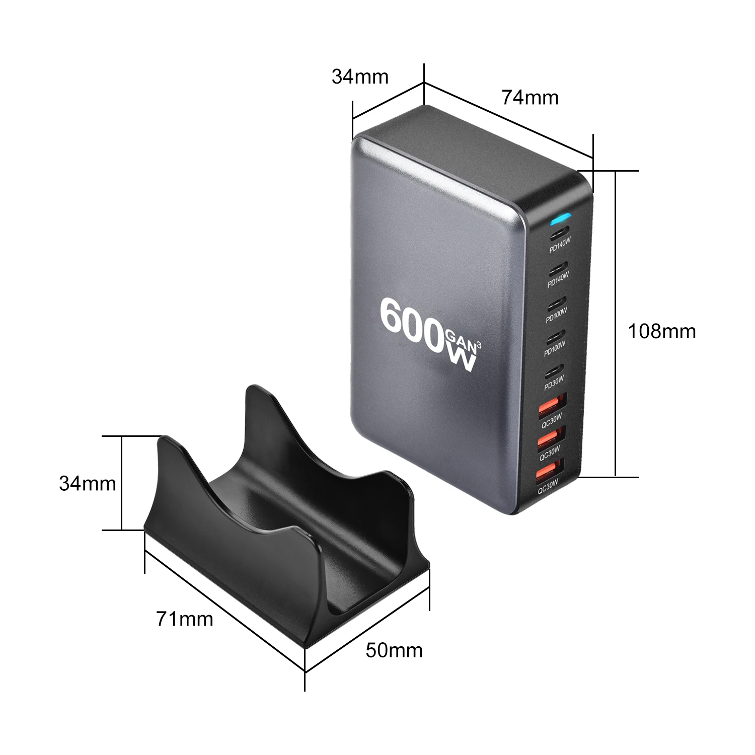 Station de Charge Rapide 600W GaN III – 8 Ports USB-C/A, PD 140W & QC 3.0
