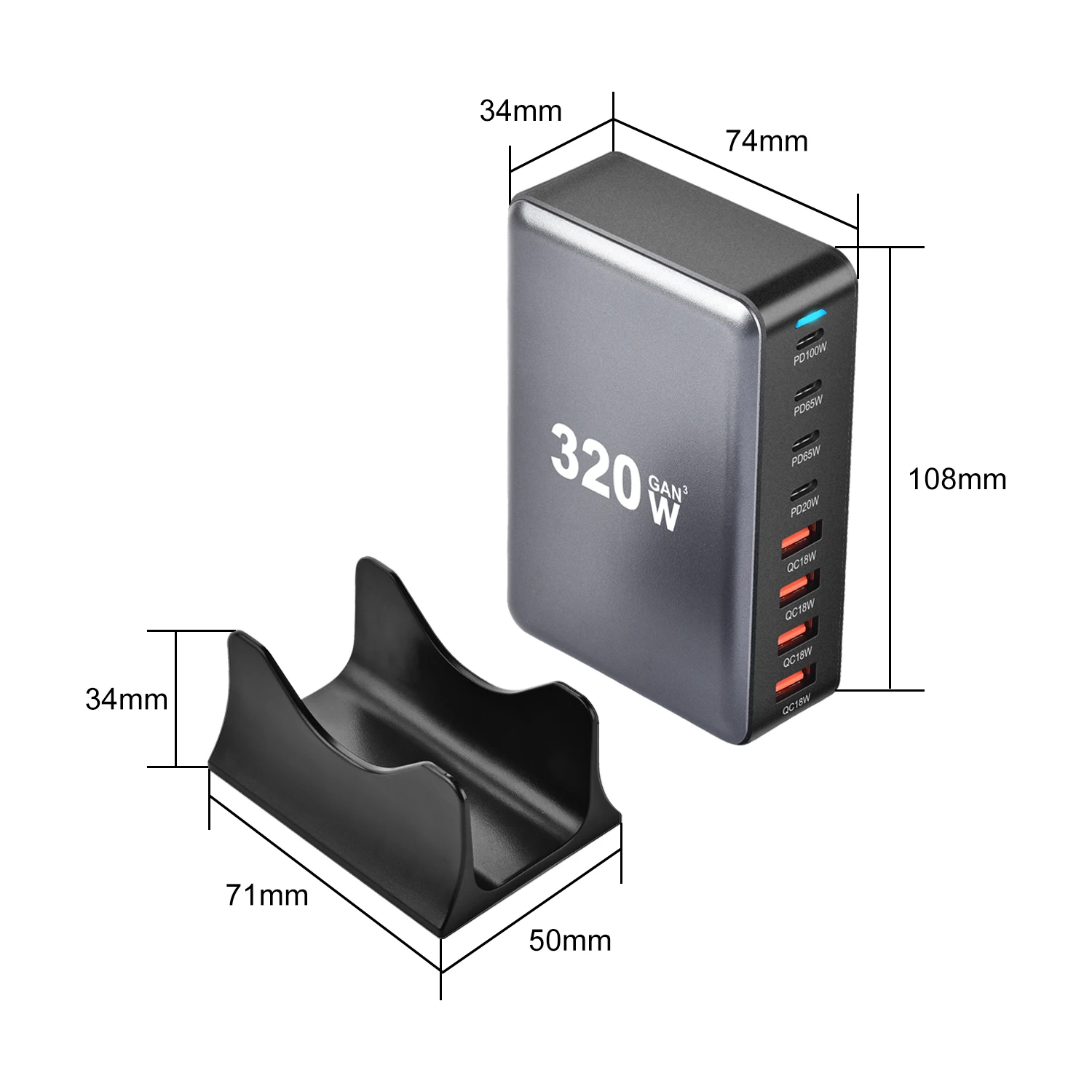 Chargeur GaN 320W Multi-Ports USB-C/USB-A Charge Rapide – 8 Appareils Simultanés