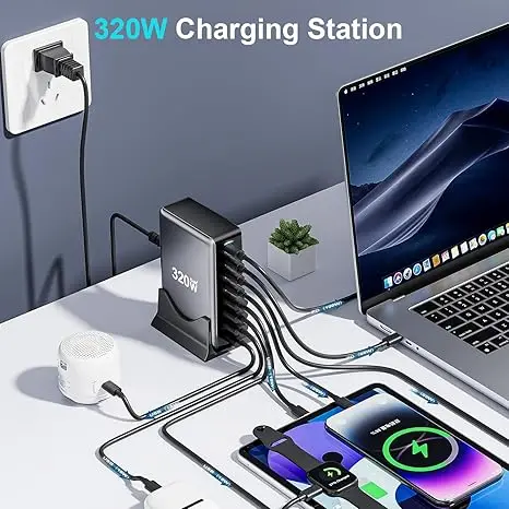 Chargeur GaN 320W Multi-Ports USB-C/USB-A Charge Rapide – 8 Appareils Simultanés
