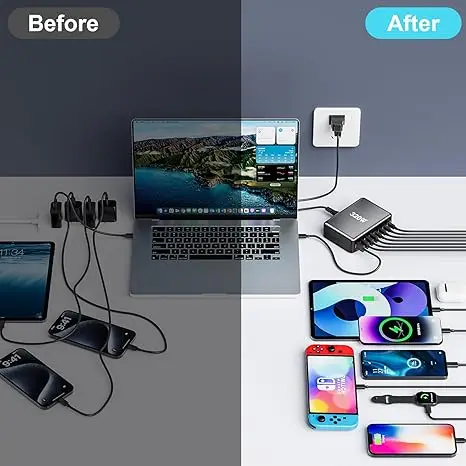 Chargeur GaN 320W Multi-Ports USB-C/USB-A Charge Rapide – 8 Appareils Simultanés