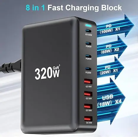 Chargeur GaN 320W Multi-Ports USB-C/USB-A Charge Rapide – 8 Appareils Simultanés