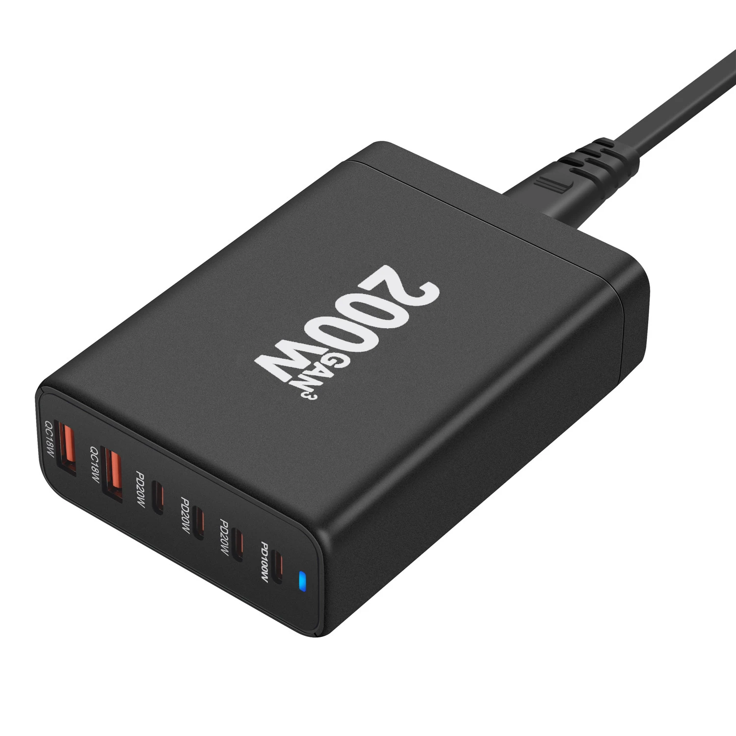 Station de Charge GaN 200W – 6 Ports (4 USB-C + 2 USB-A) Charge Rapide PD 45W QC3.0