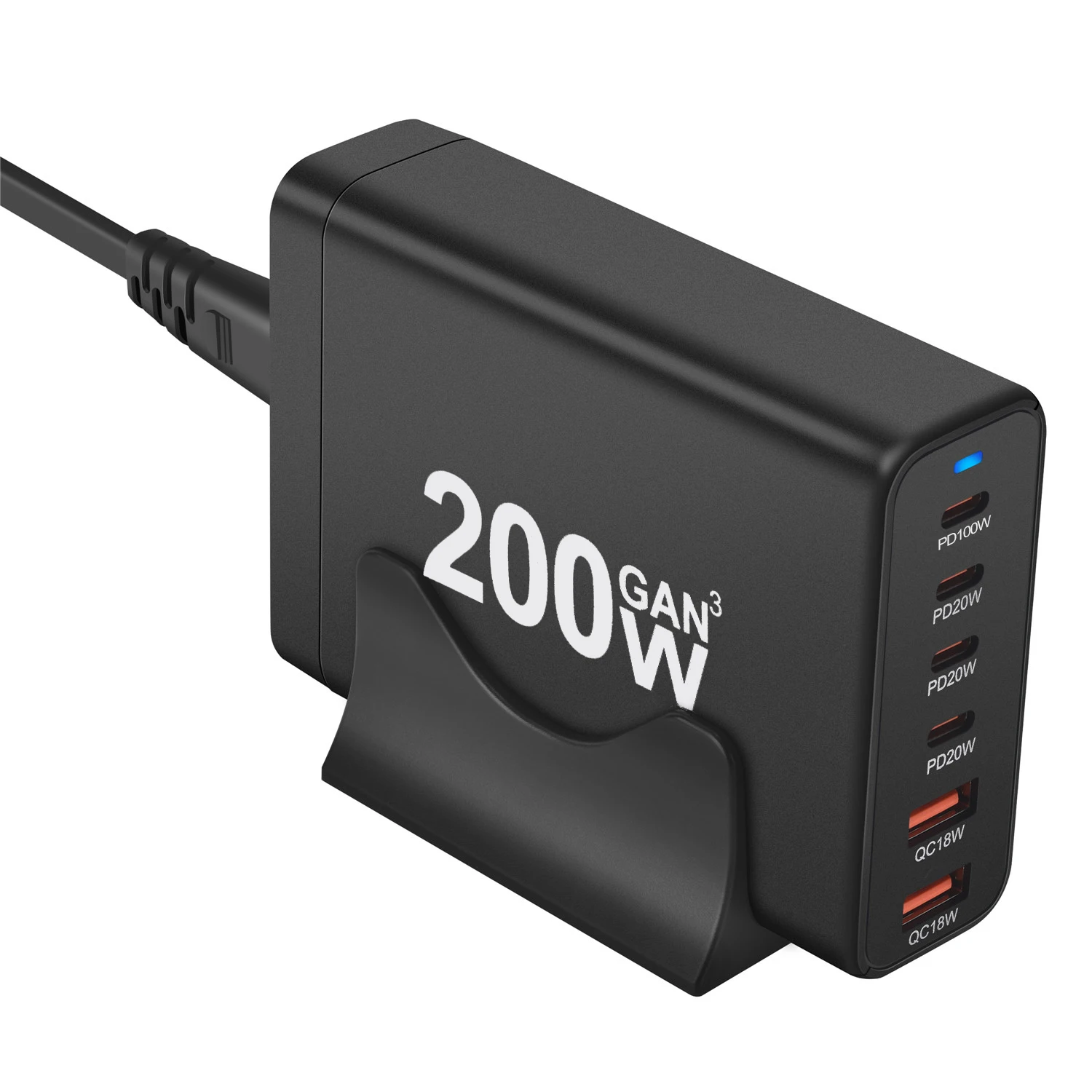Station de Charge GaN 200W – 6 Ports (4 USB-C + 2 USB-A) Charge Rapide PD 45W QC3.0