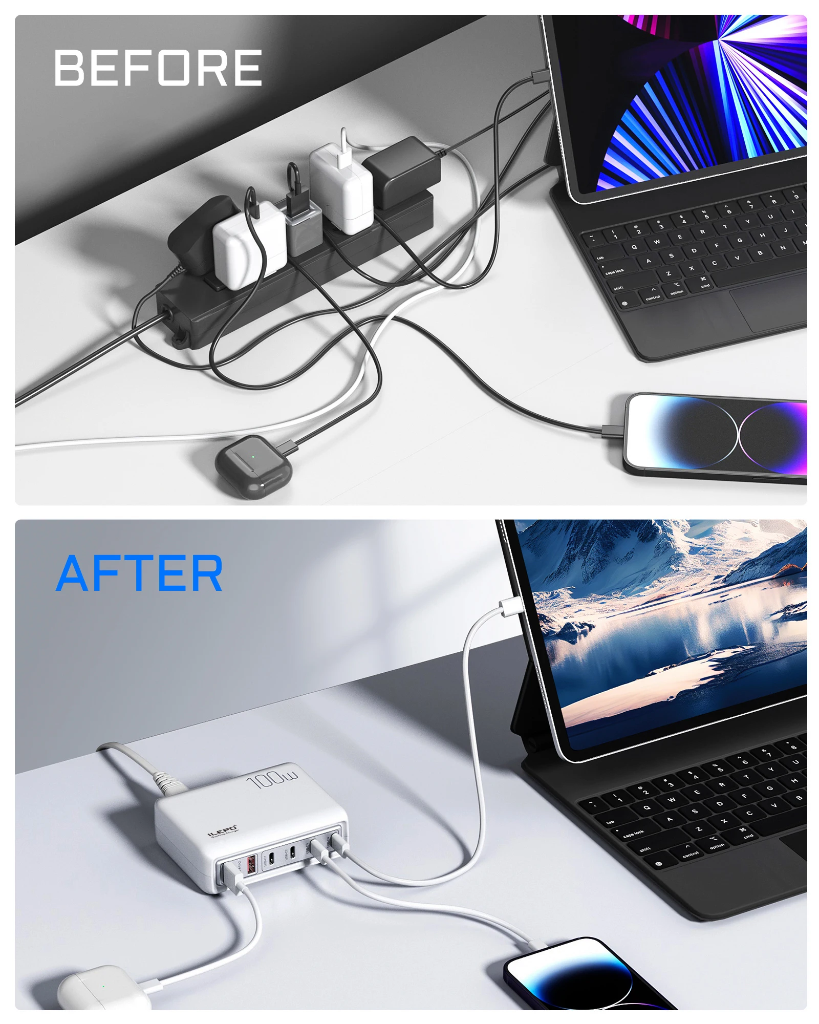 Station de Charge Rapide Ilepo 100W – 6 Ports USB/USB-C, PD 3.0 & QC3.0, Multiprise Bureau