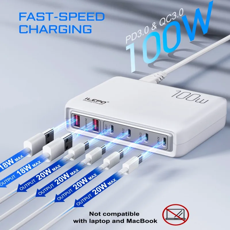 Station de Charge Rapide Ilepo 100W – 6 Ports USB/USB-C, PD 3.0 & QC3.0, Multiprise Bureau