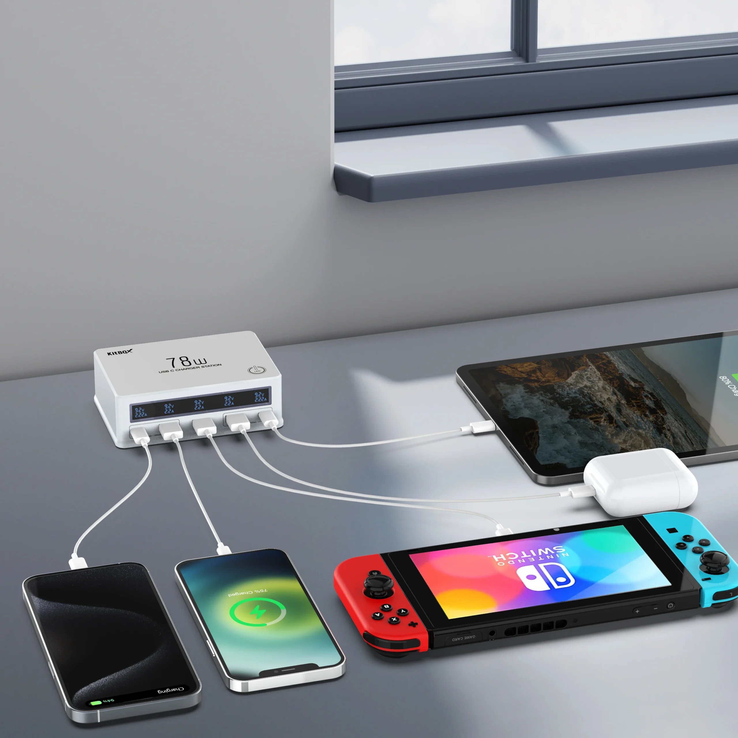 Station de Charge Bureau 78W | 5 Ports USB + USB-C | Écran LED | Charge Rapide Multi-Appareils