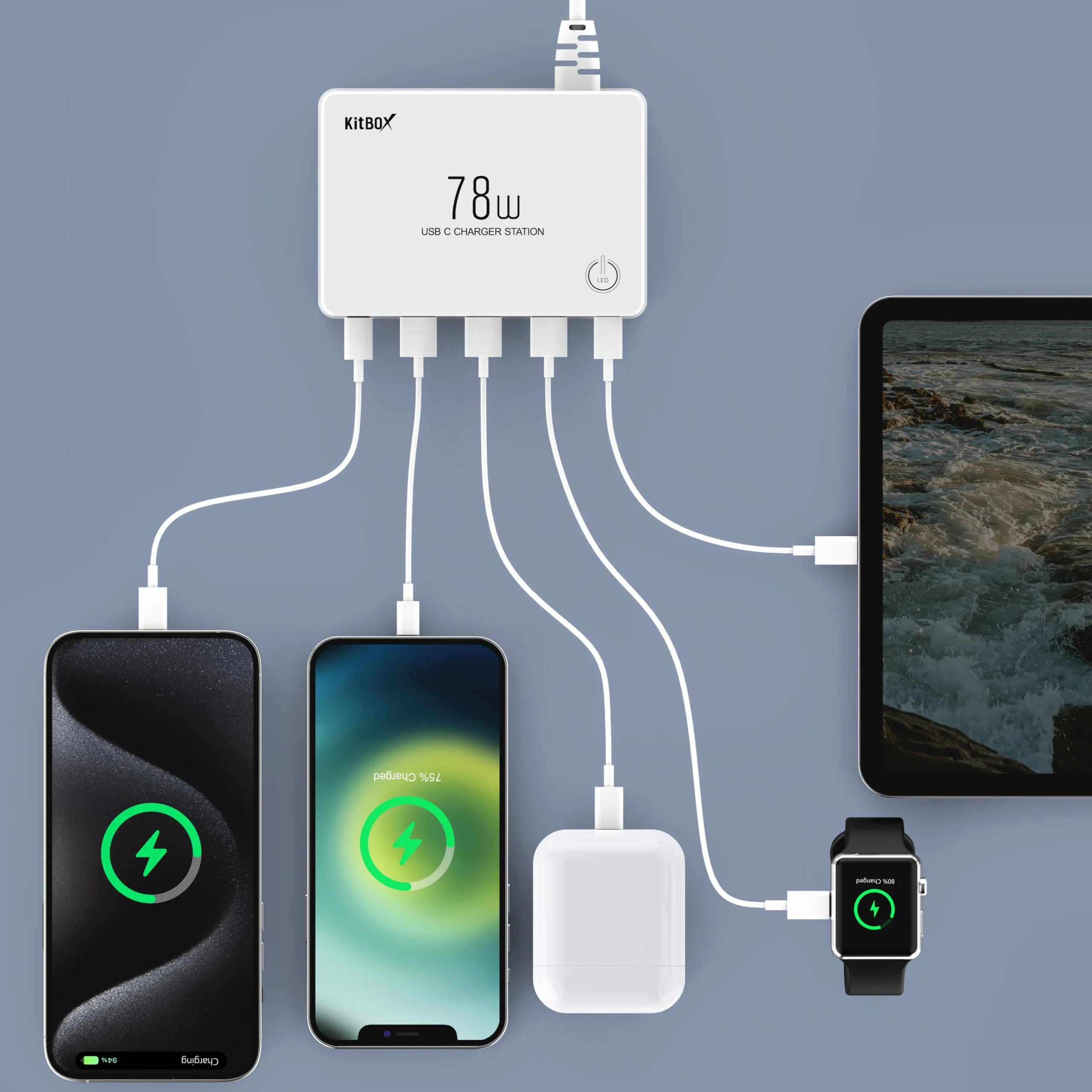 Station de Charge Bureau 78W | 5 Ports USB + USB-C | Écran LED | Charge Rapide Multi-Appareils
