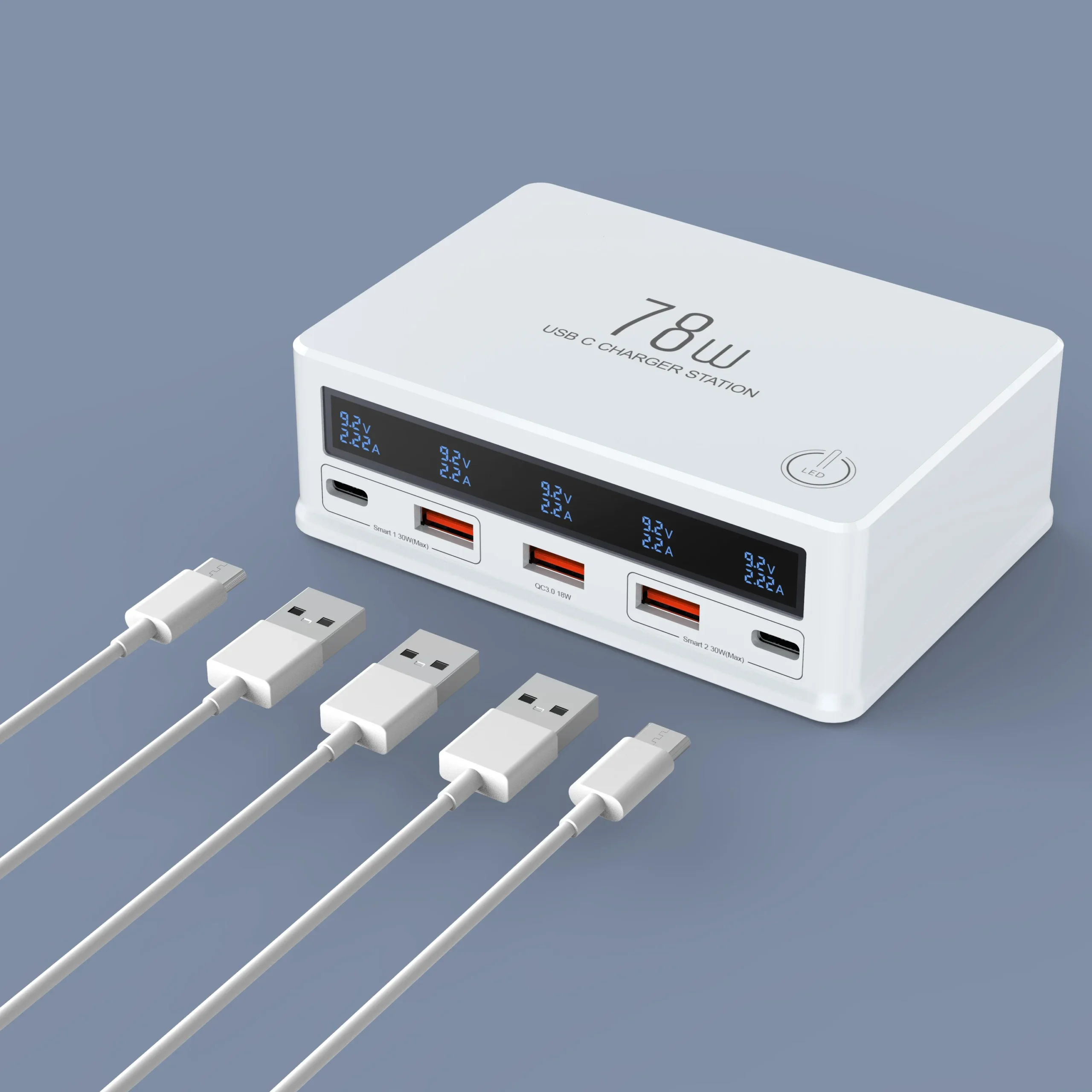 Station de Charge Bureau 78W | 5 Ports USB + USB-C | Écran LED | Charge Rapide Multi-Appareils