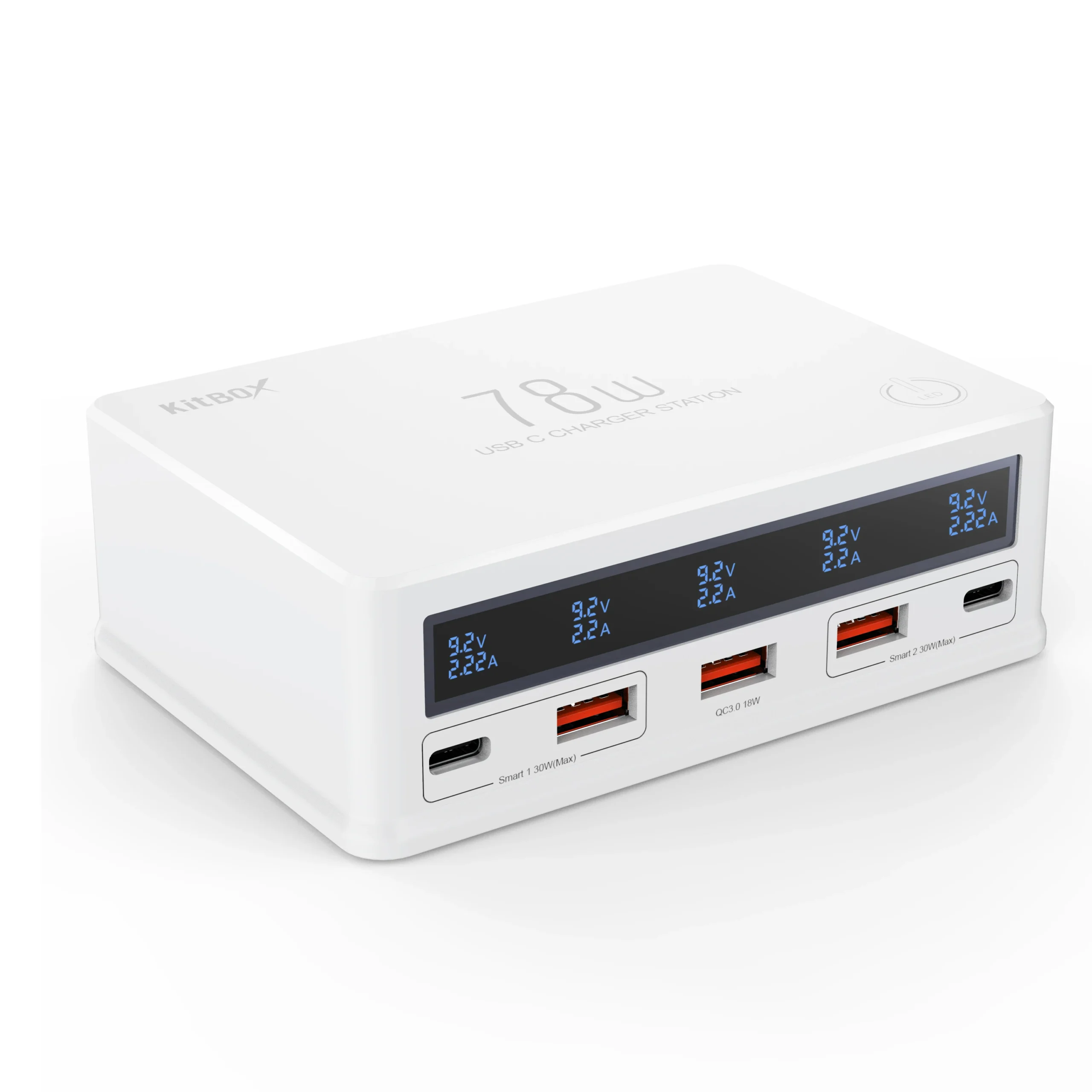 Station de Charge Bureau 78W | 5 Ports USB + USB-C | Écran LED | Charge Rapide Multi-Appareils