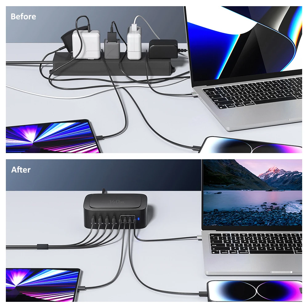 Station de Charge Rapide 8 Ports ILEPO 140W – USB-C PD 65W & QC3.0