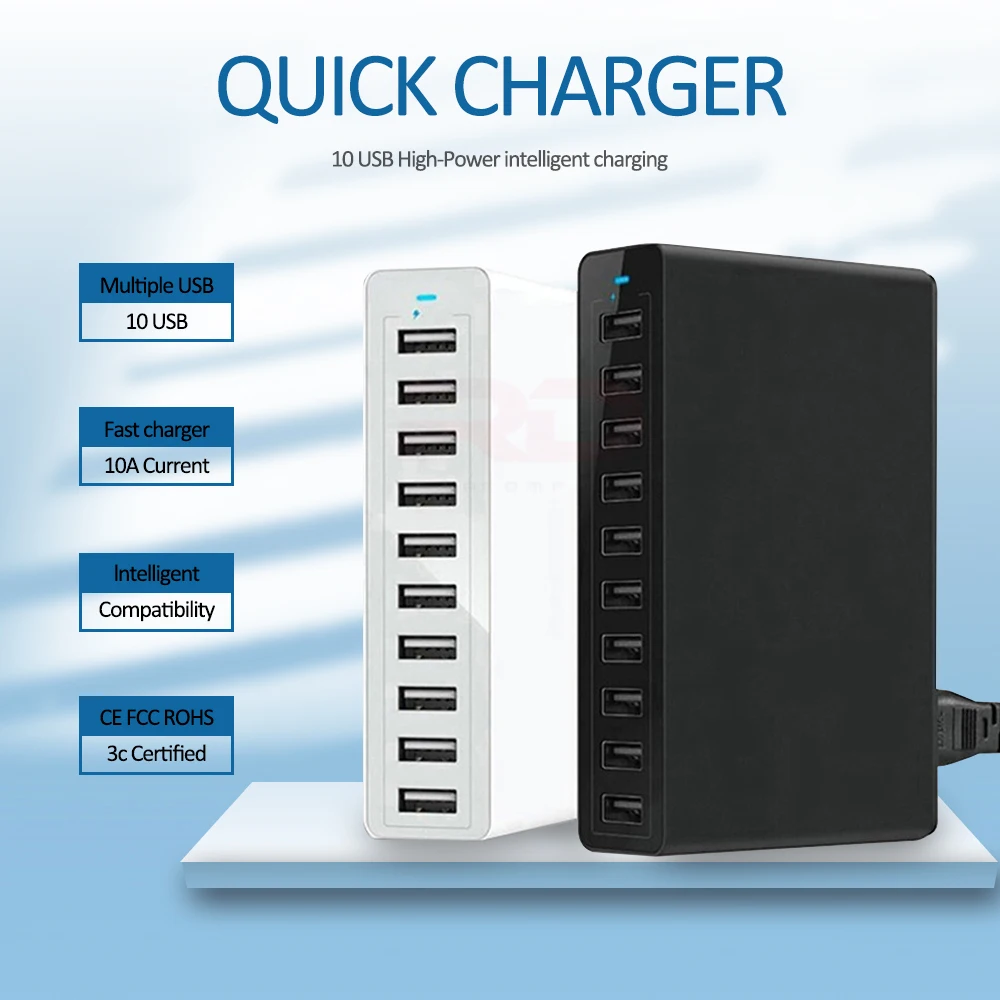 Station de Charge USB 10 Ports 50W – Chargeur Rapide Bureau QC3.0 pour Téléphones & Tablettes
