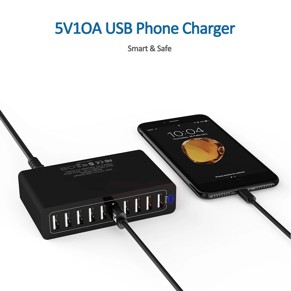 Station de Charge USB 10 Ports 50W – Chargeur Rapide Bureau QC3.0 pour Téléphones & Tablettes