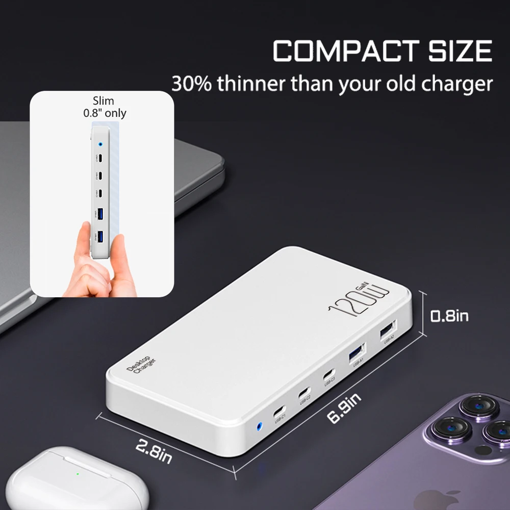 Chargeur GaN 120W Ultra-Mince 5 Ports USB-C Charge Rapide Multi-Appareils