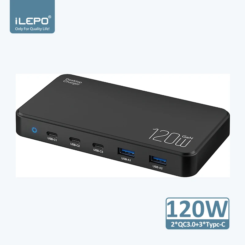 Chargeur GaN 120W Ultra-Mince 5 Ports USB-C Charge Rapide Multi-Appareils