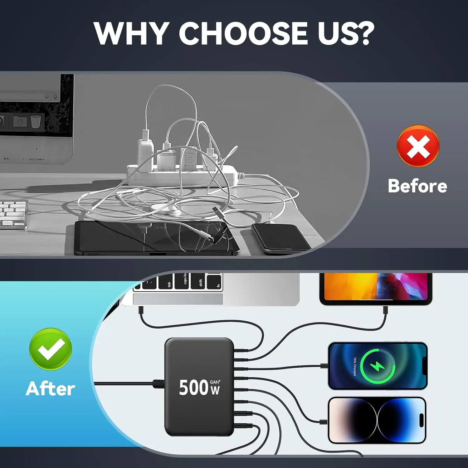 Chargeur GaN 8 Ports 500W – USB-C & USB-A Charge Rapide PD 3.0 pour Téléphone & PC
