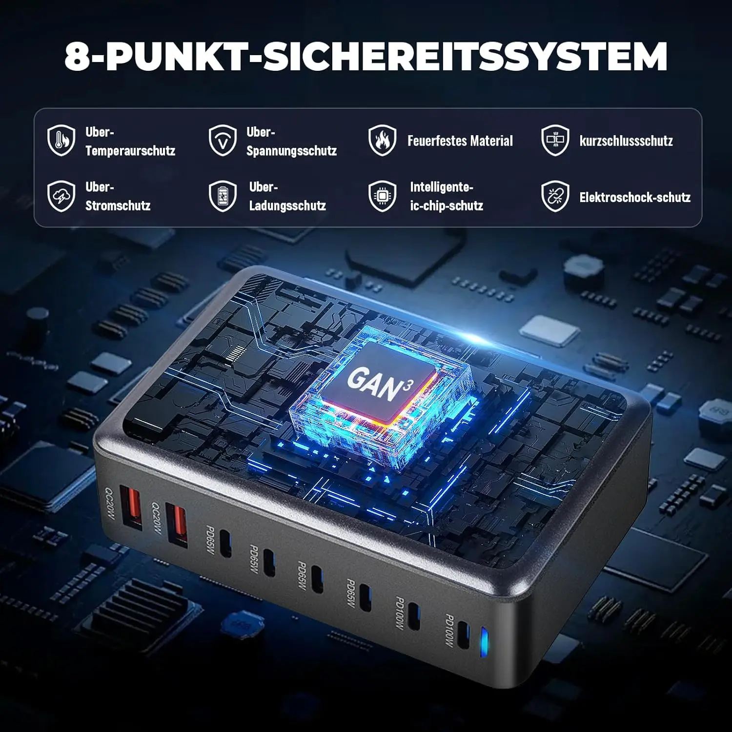 Chargeur GaN 8 Ports 500W – USB-C & USB-A Charge Rapide PD 3.0 pour Téléphone & PC