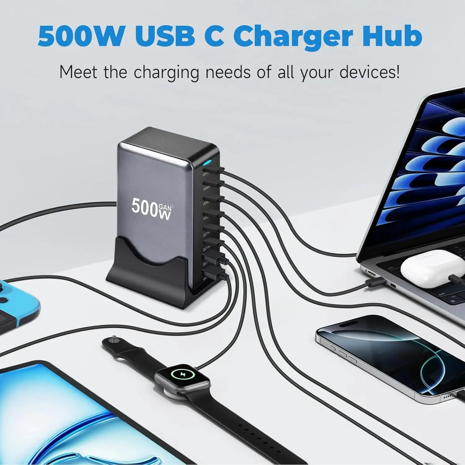 Chargeur GaN 8 Ports 500W – USB-C & USB-A Charge Rapide PD 3.0 pour Téléphone & PC