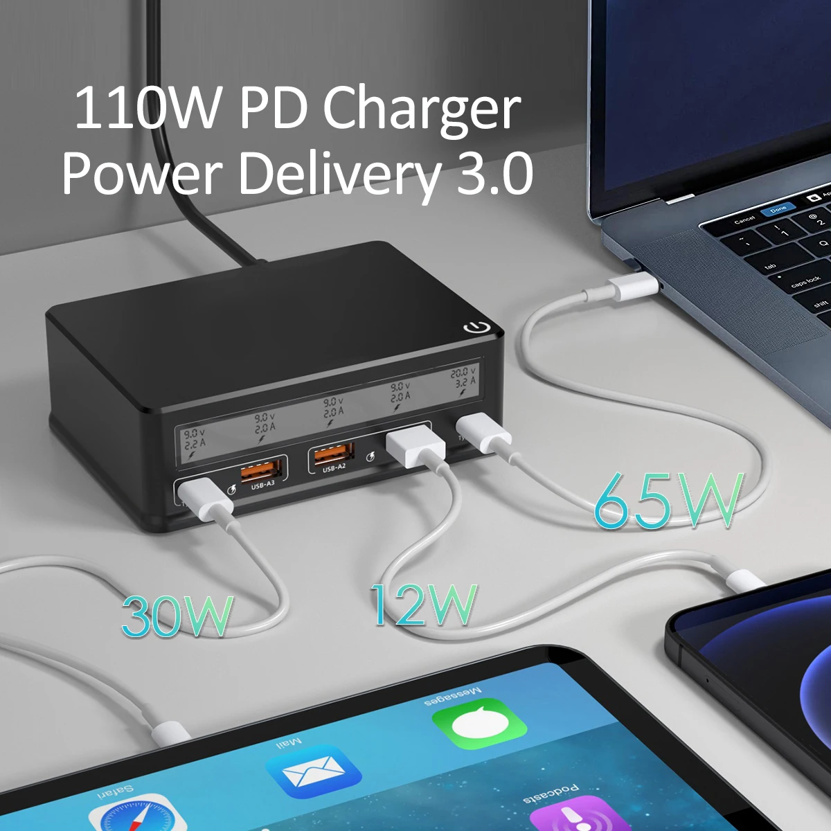 Station de charge 110W 5 ports USB PD3.0 – Chargeur rapide multifonction Ilepo