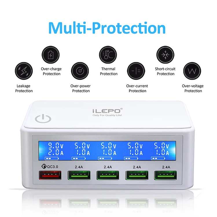 Station de Charge Rapide 50W QC3.0 – 5 Ports USB avec Écran LCD Intelligent