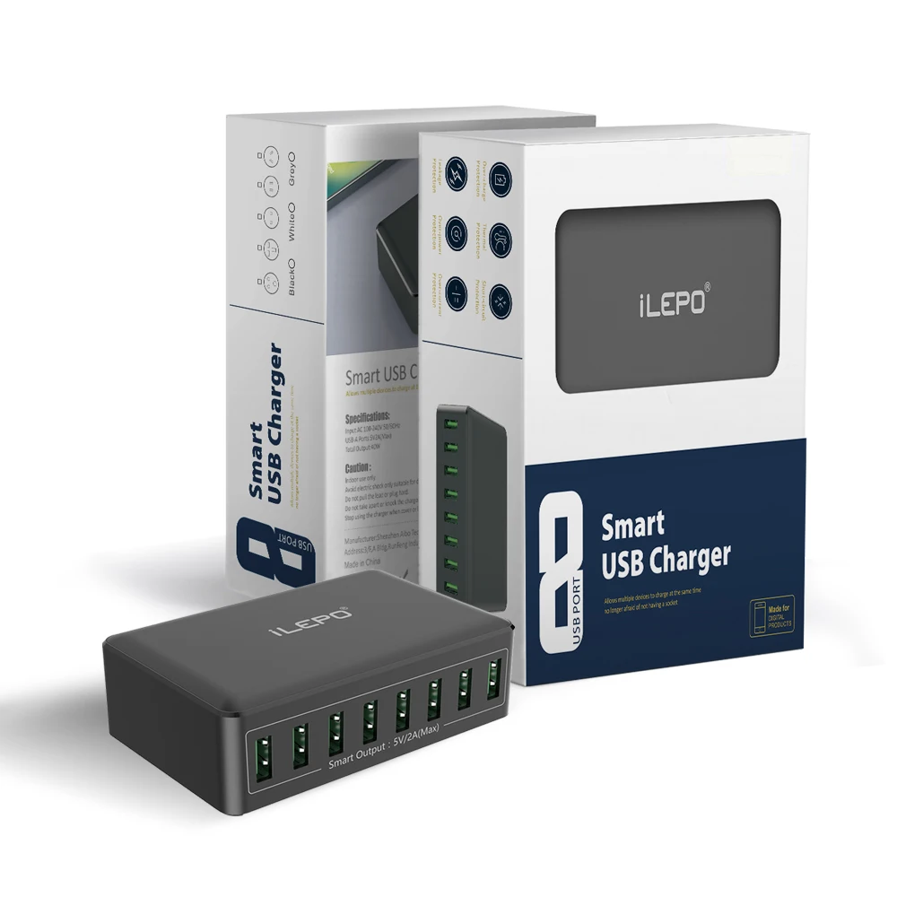 Station de Charge Rapide 40W ilepo i50 – 8 Ports USB, Certifiée CE/FCC/RoHS