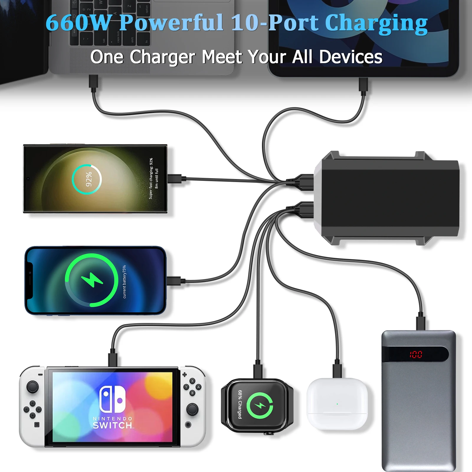 Station de Charge 10 Ports USB/Type-C 660W QC3.0 & PD3.0 – Charge Rapide 140W pour PC, Téléphone