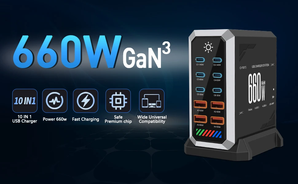 Station de Charge 10 Ports USB/Type-C 660W QC3.0 & PD3.0 – Charge Rapide 140W pour PC, Téléphone