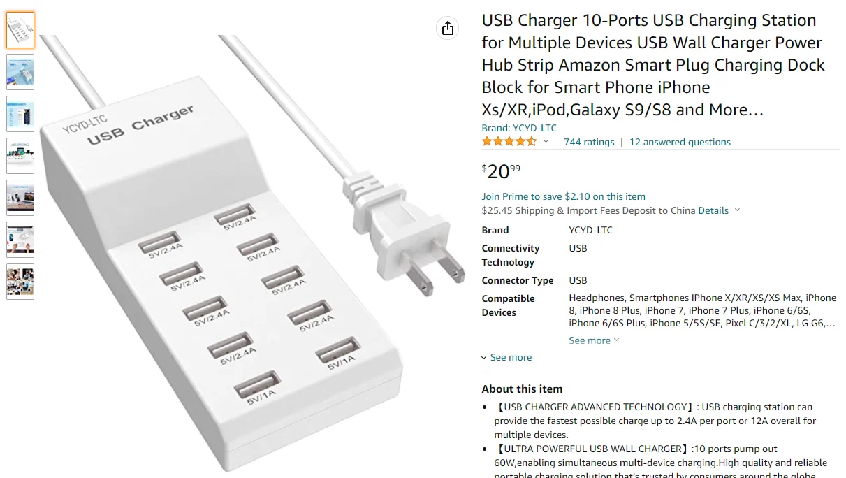 ILEPO Chargeur USB 10 Ports 50W Adaptateur Secteur Universel Charge Rapide QC3.0 Prises US/EU/UK