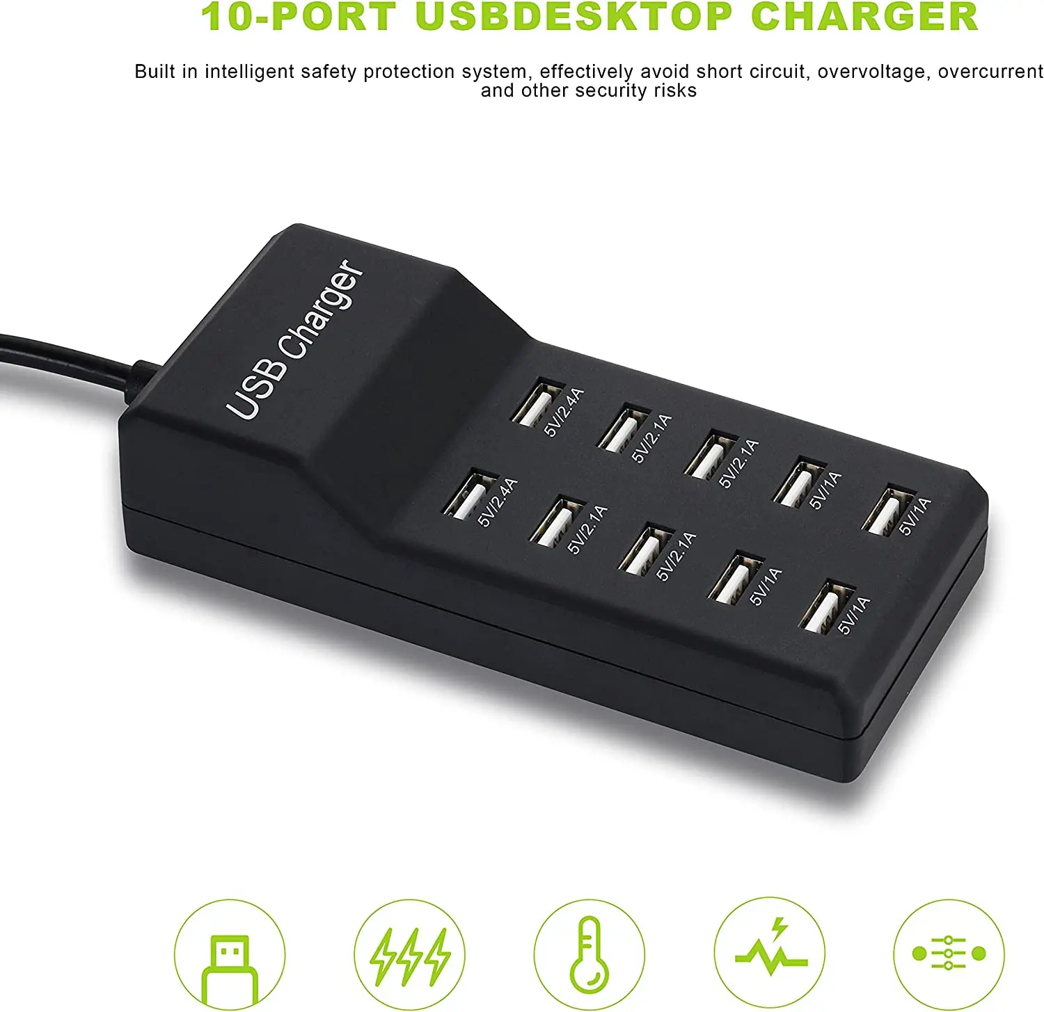 ILEPO Chargeur USB 10 Ports 50W Adaptateur Secteur Universel Charge Rapide QC3.0 Prises US/EU/UK