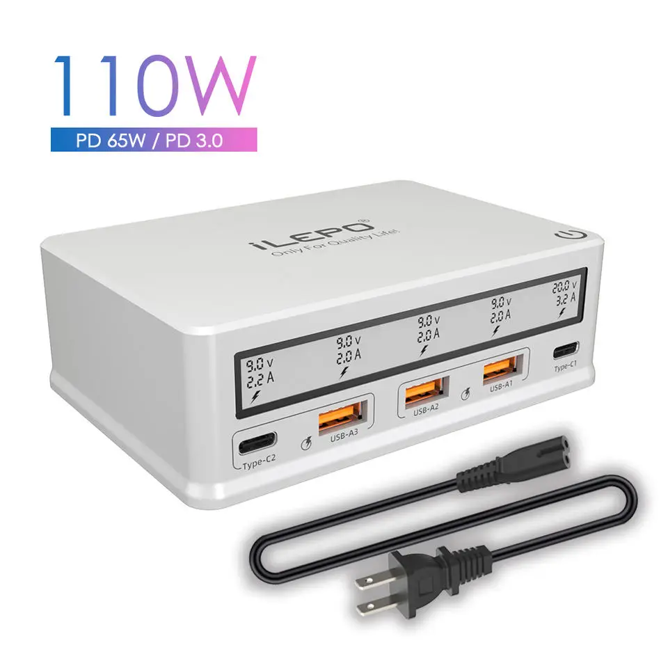 Chargeur ILEPO 110W USB-C PD3.0 QC3.0 5 Ports Charge Ultra Rapide iPhone Samsung Xiaomi