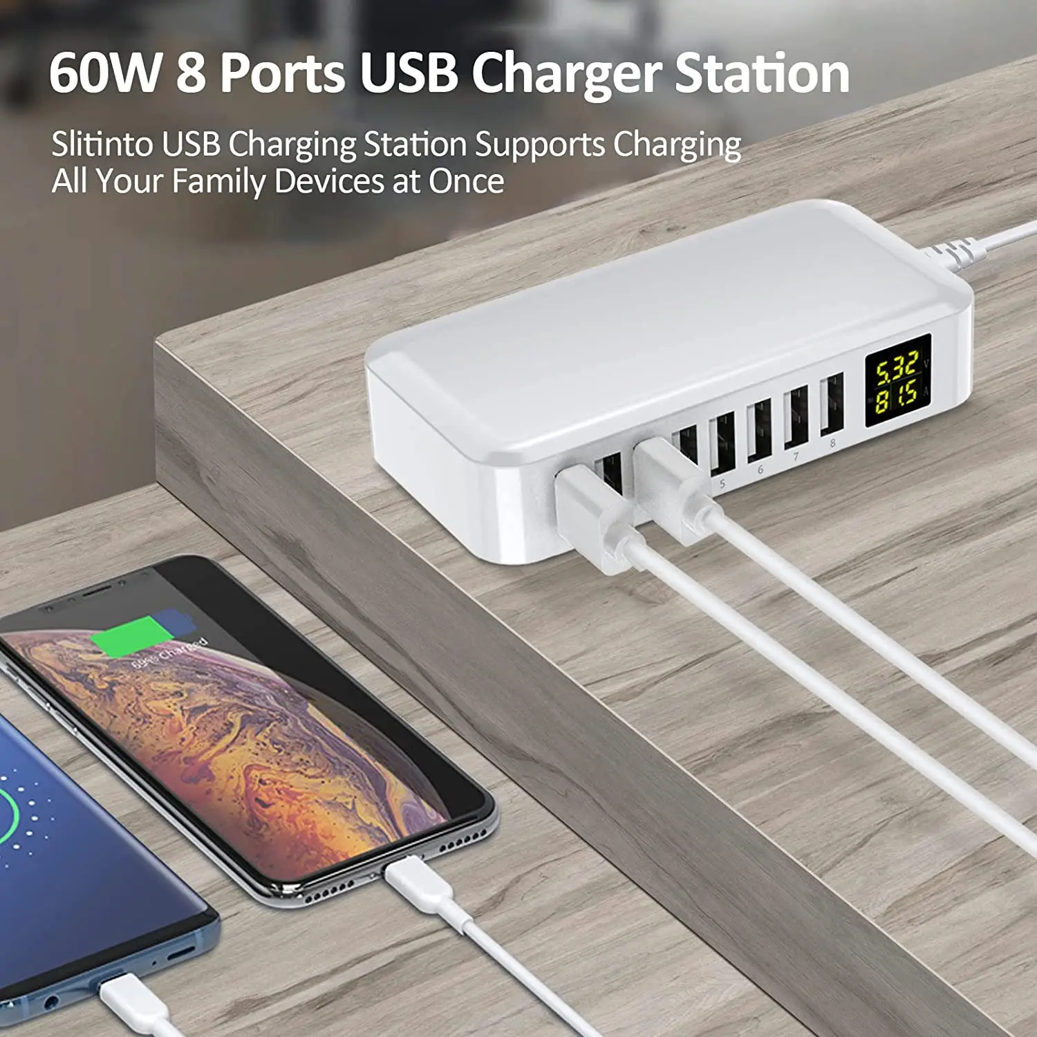 Station de Charge Rapide 8 Ports USB QC3.0 60W – Chargeur Multi-Appareils Intelligent
