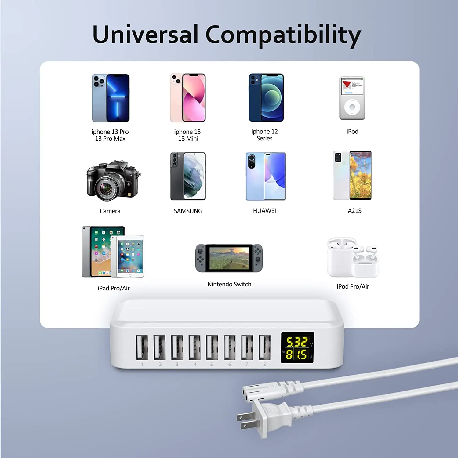 Station de Charge Rapide 8 Ports USB 60W avec Affichage LED – QC3.0