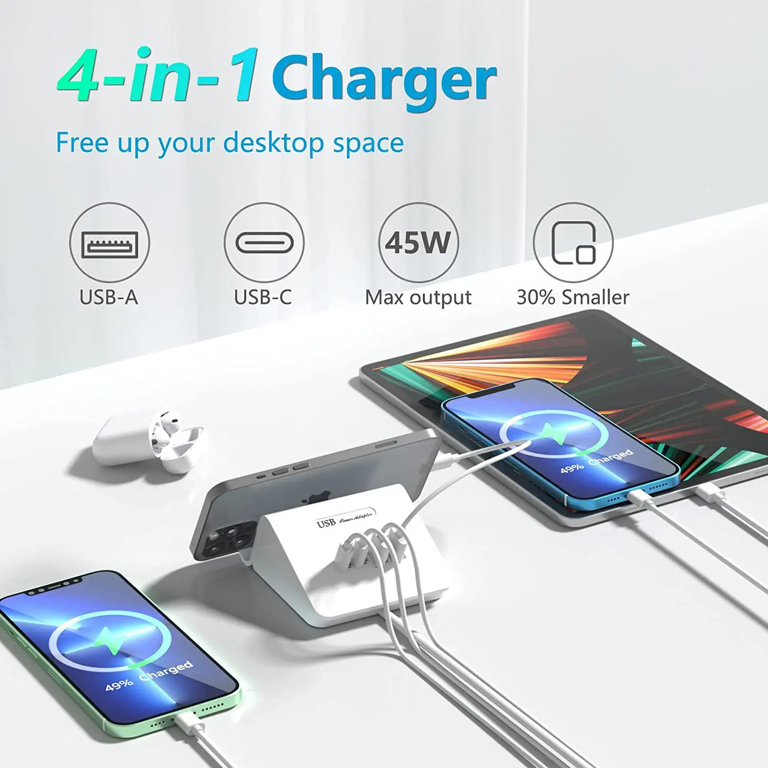ILEPO Station de Charge 4 Ports 45W – 2 USB + 2 Type-C Charge Rapide PD 3.0