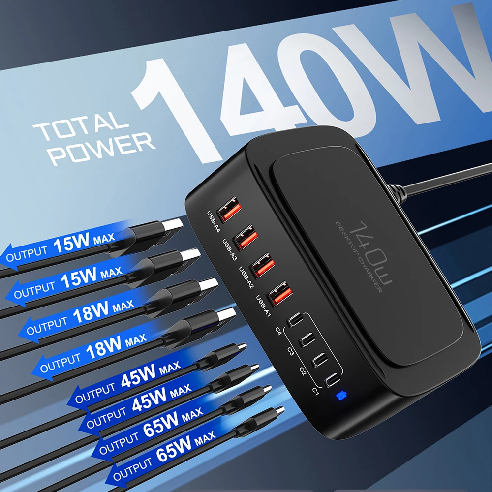 Station de Charge 8 Ports 140W GaN USB-C Rapide PD3.0 – Compatible MacBook & iPhone