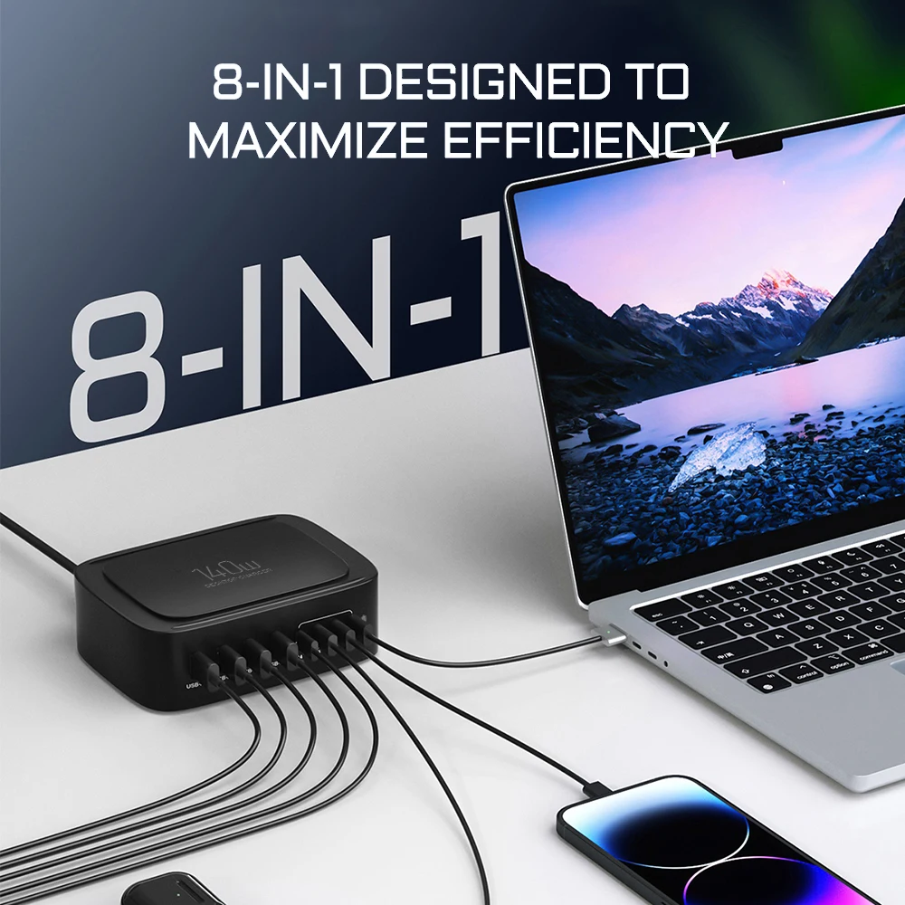 Station de Charge 8 Ports 140W GaN USB-C Rapide PD3.0 – Compatible MacBook & iPhone