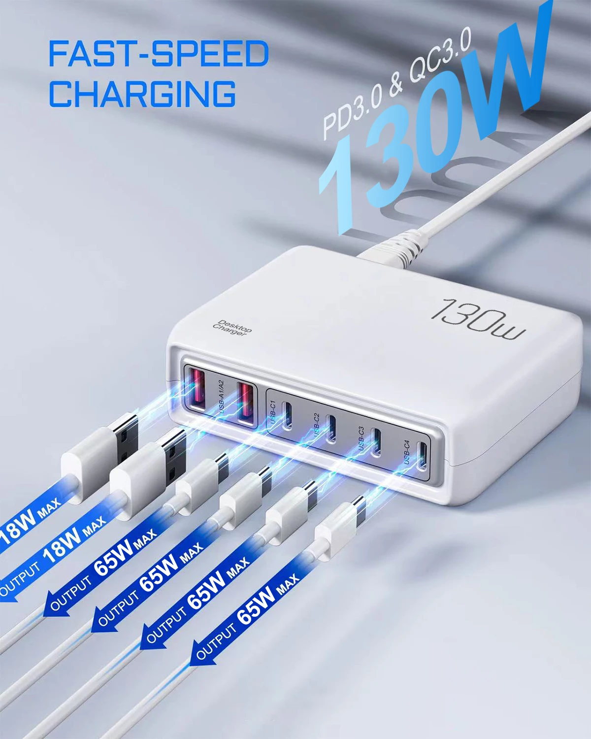 Station de Charge ILEPO 130W | 6 Ports USB-C & USB | Charge Rapide PD 20W QC3.0