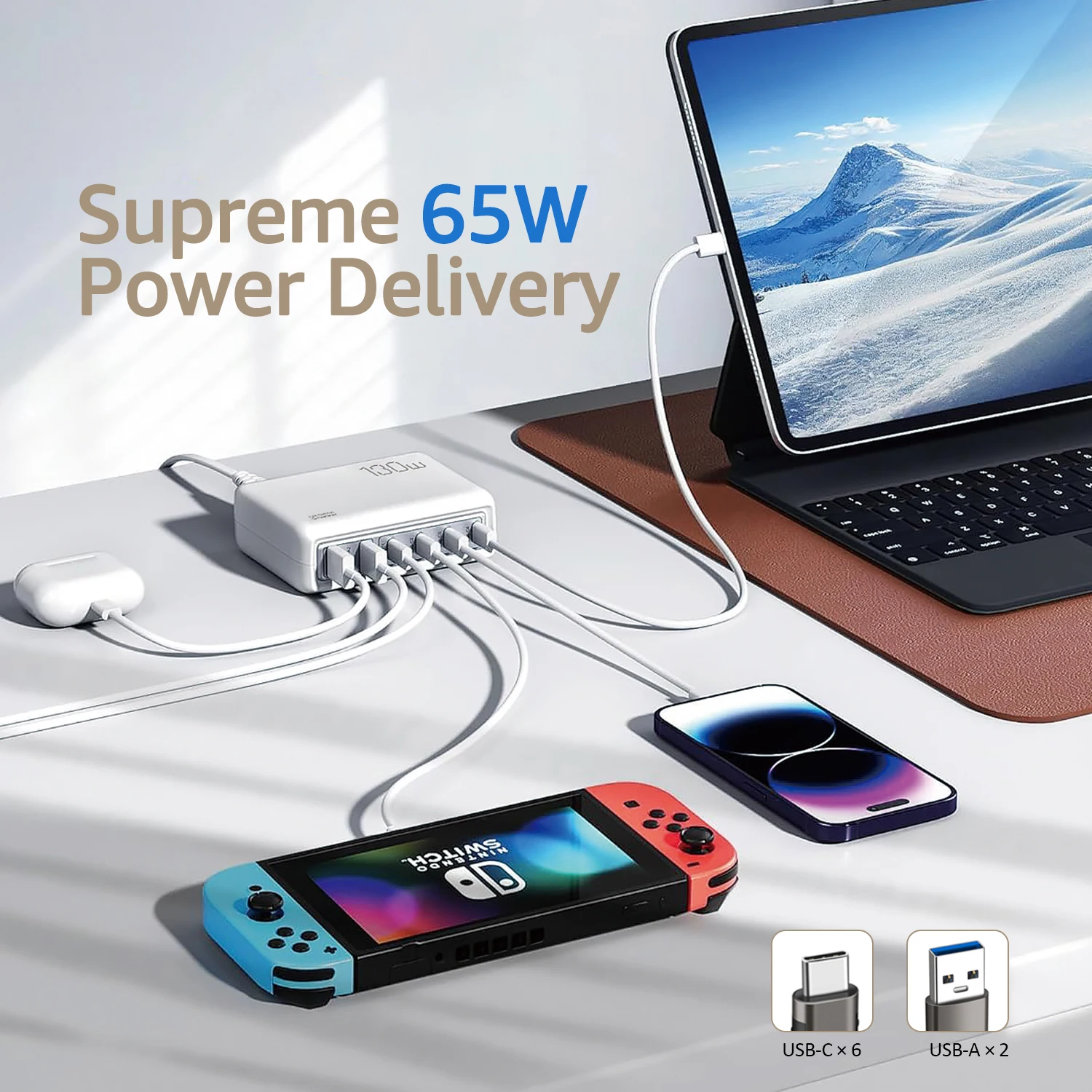 Station de Charge ILEPO 130W | 6 Ports USB-C & USB | Charge Rapide PD 20W QC3.0