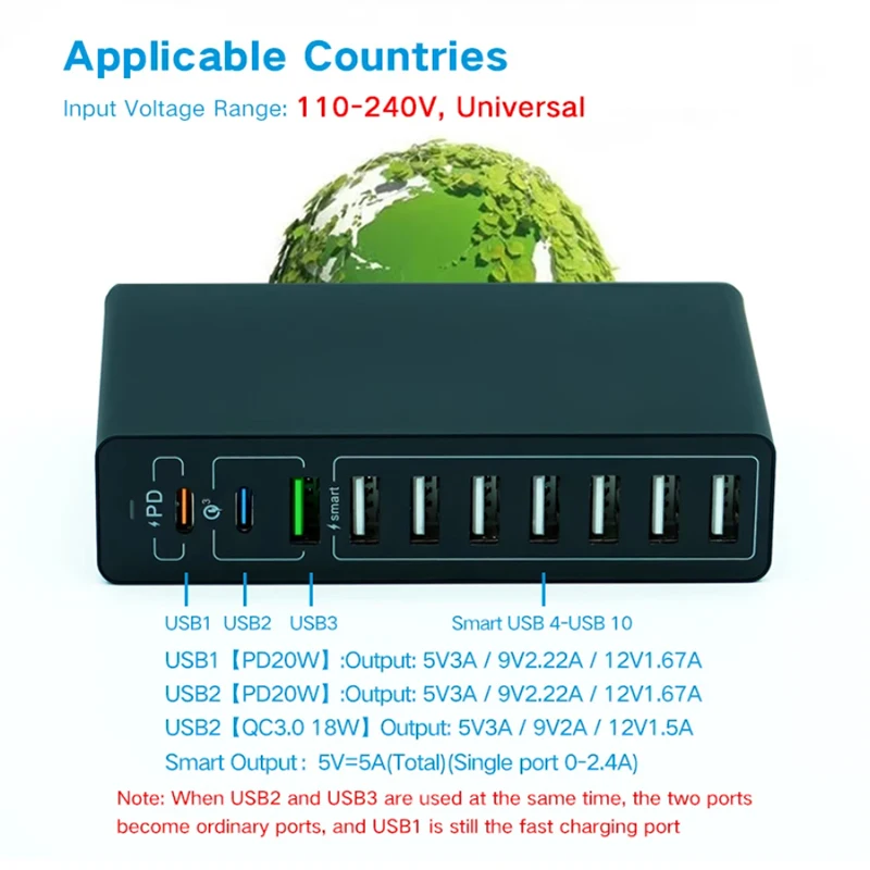ILEPO Station de Charge 10 Ports USB 65W Chargeur Rapide QC3.0 & PD 20W
