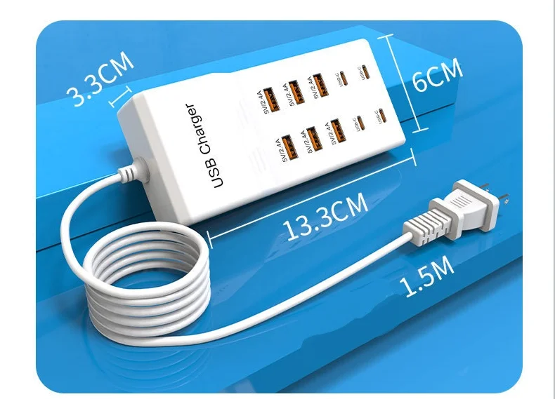 Station de Charge 10 Ports USB + Type-C 50W Charge Rapide QC2.0 – Hub Universel