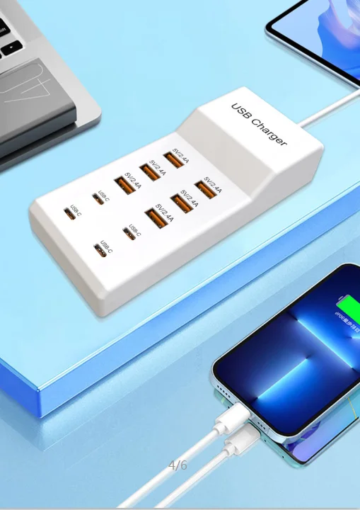 Station de Charge 10 Ports USB + Type-C 50W Charge Rapide QC2.0 – Hub Universel
