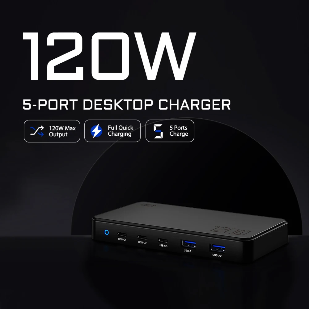 ILEPO Station de Charge GaN 120W – 5 Ports USB-C & USB, Charge Rapide PD 100W