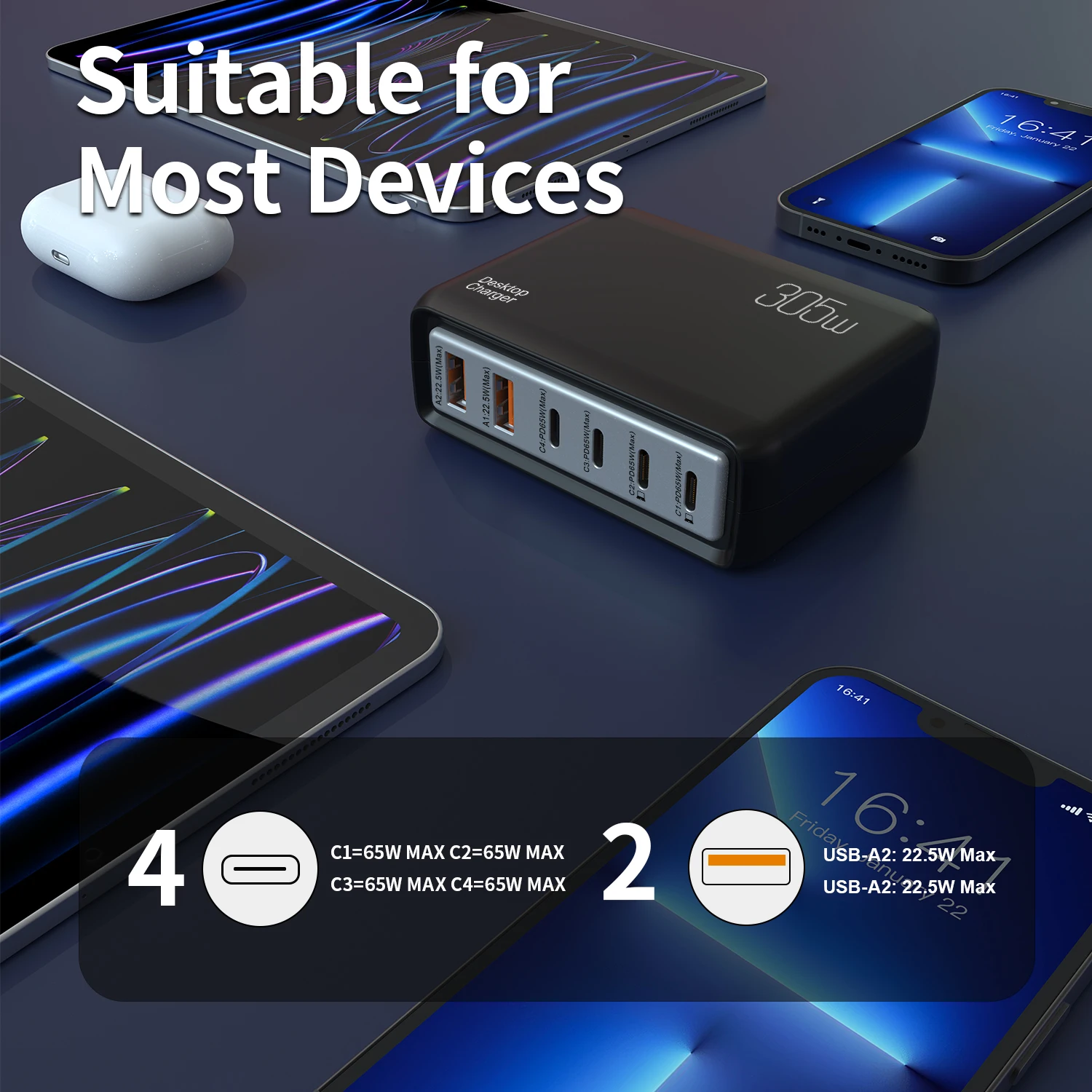 Station de Charge ILEPO 305W – 6 Ports USB-C & USB Charge Rapide pour PC, Tablette & Mobile