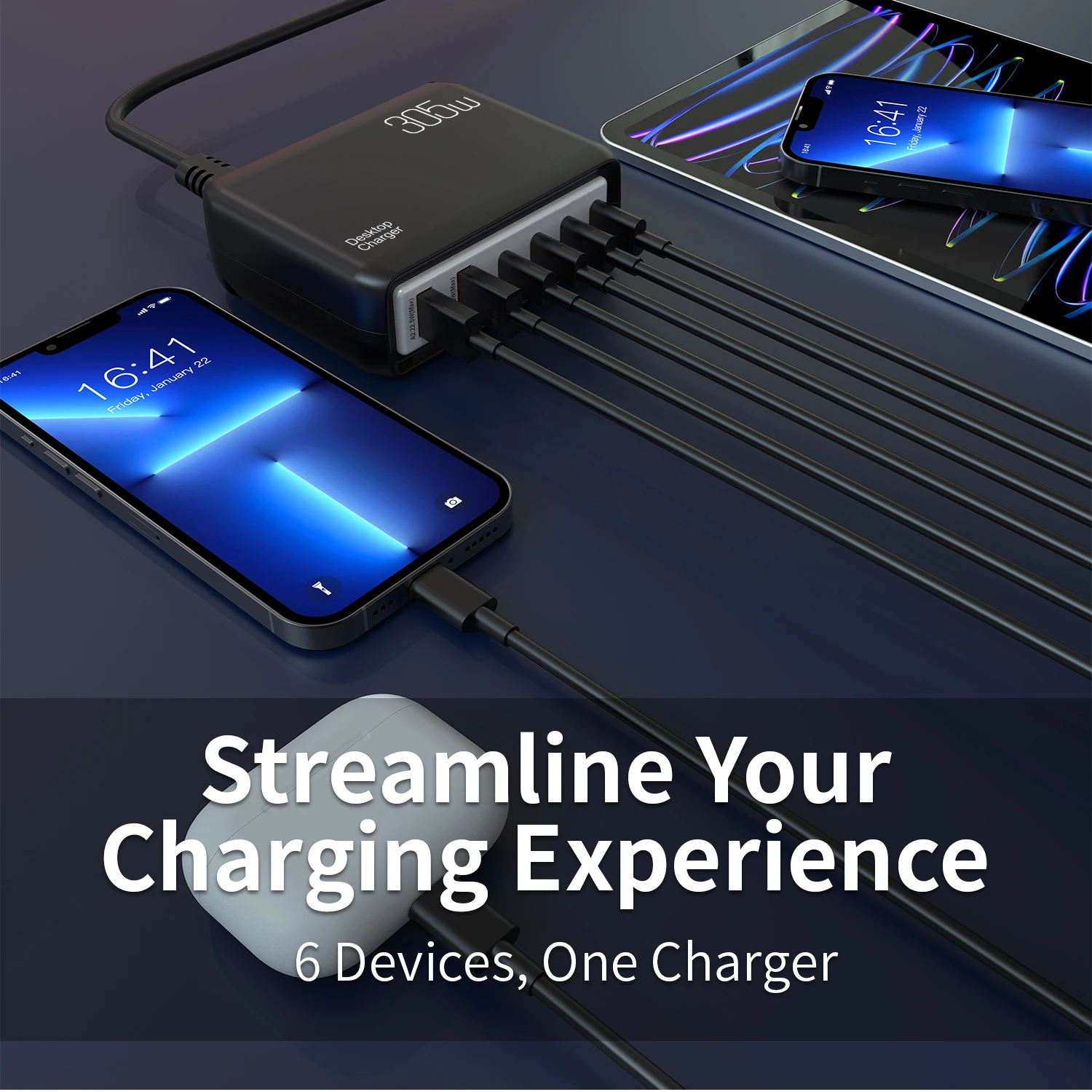 Station de Charge ILEPO 305W – 6 Ports USB-C & USB Charge Rapide pour PC, Tablette & Mobile
