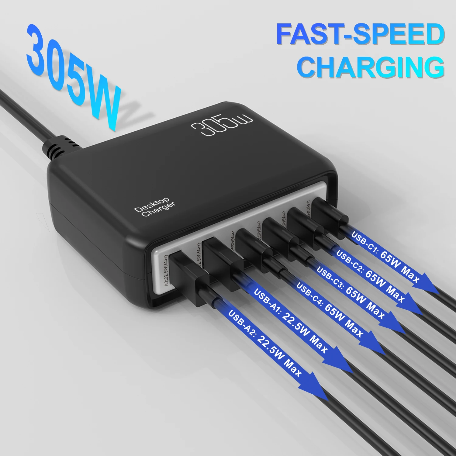 Station de Charge ILEPO 305W – 6 Ports USB-C & USB Charge Rapide pour PC, Tablette & Mobile