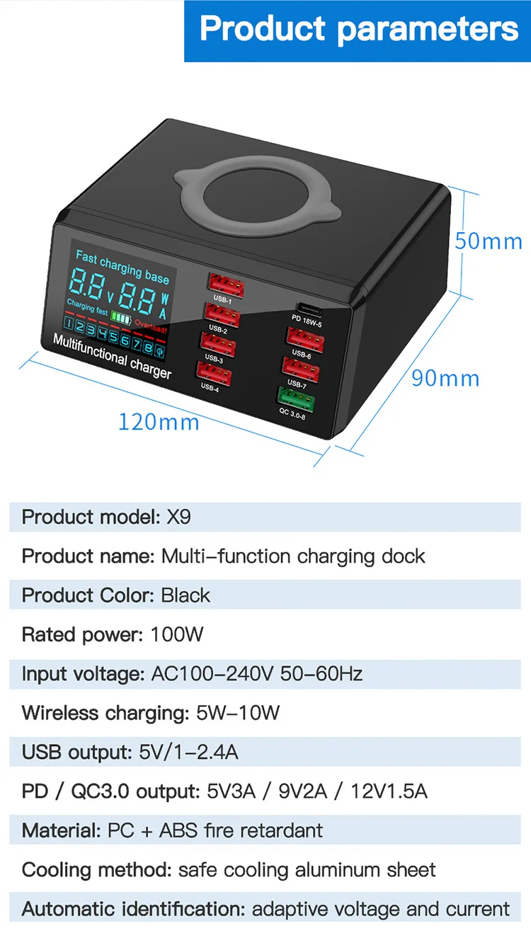Station de Charge 8 Ports 100W QC3.0 & PD USB-C – Charge Rapide Multi-Appareils