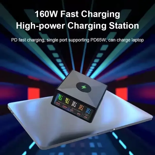 Station de Charge 5 Ports 160W – USB-C PD 65W + Chargeur Sans Fil 15W + Écran LCD