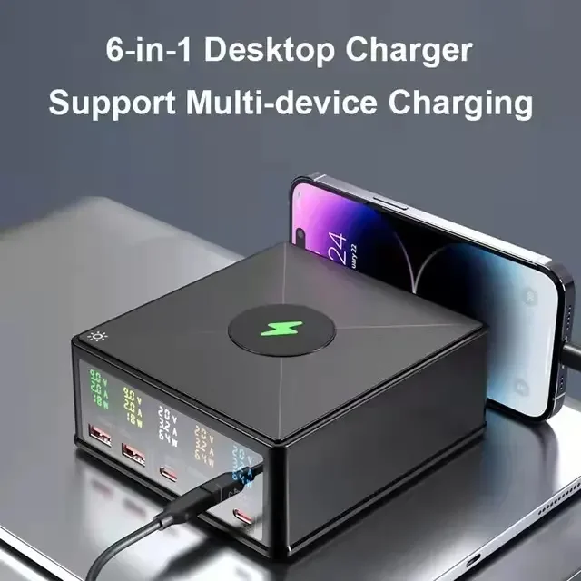 Station de Charge 5 Ports 160W – USB-C PD 65W + Chargeur Sans Fil 15W + Écran LCD