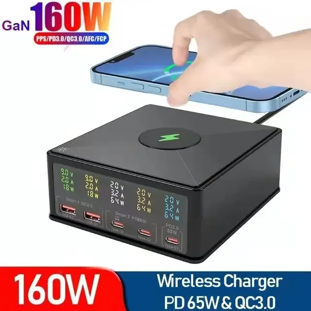 Station de Charge 5 Ports 160W – USB-C PD 65W + Chargeur Sans Fil 15W + Écran LCD