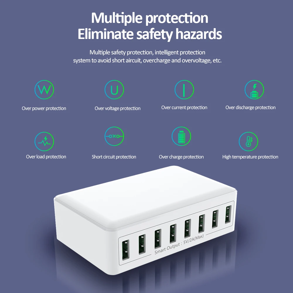 Station de Charge USB 8 Ports 60W – Chargeur Rapide Bureau Multi-Appareils ilepo i50