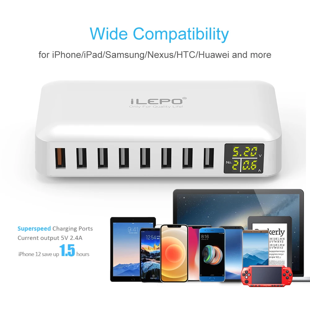 Station de Charge Rapide 60W Multi-ports USB – Compatible iPhone, Samsung & Plus