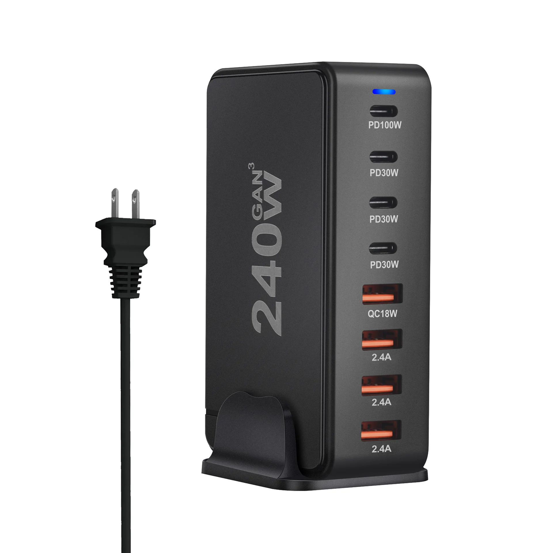 Chargeur Bureau GaN 8 Ports 240W – Charge Rapide USB-C PD & QC3.0 pour iPhone, Samsung, MacBook